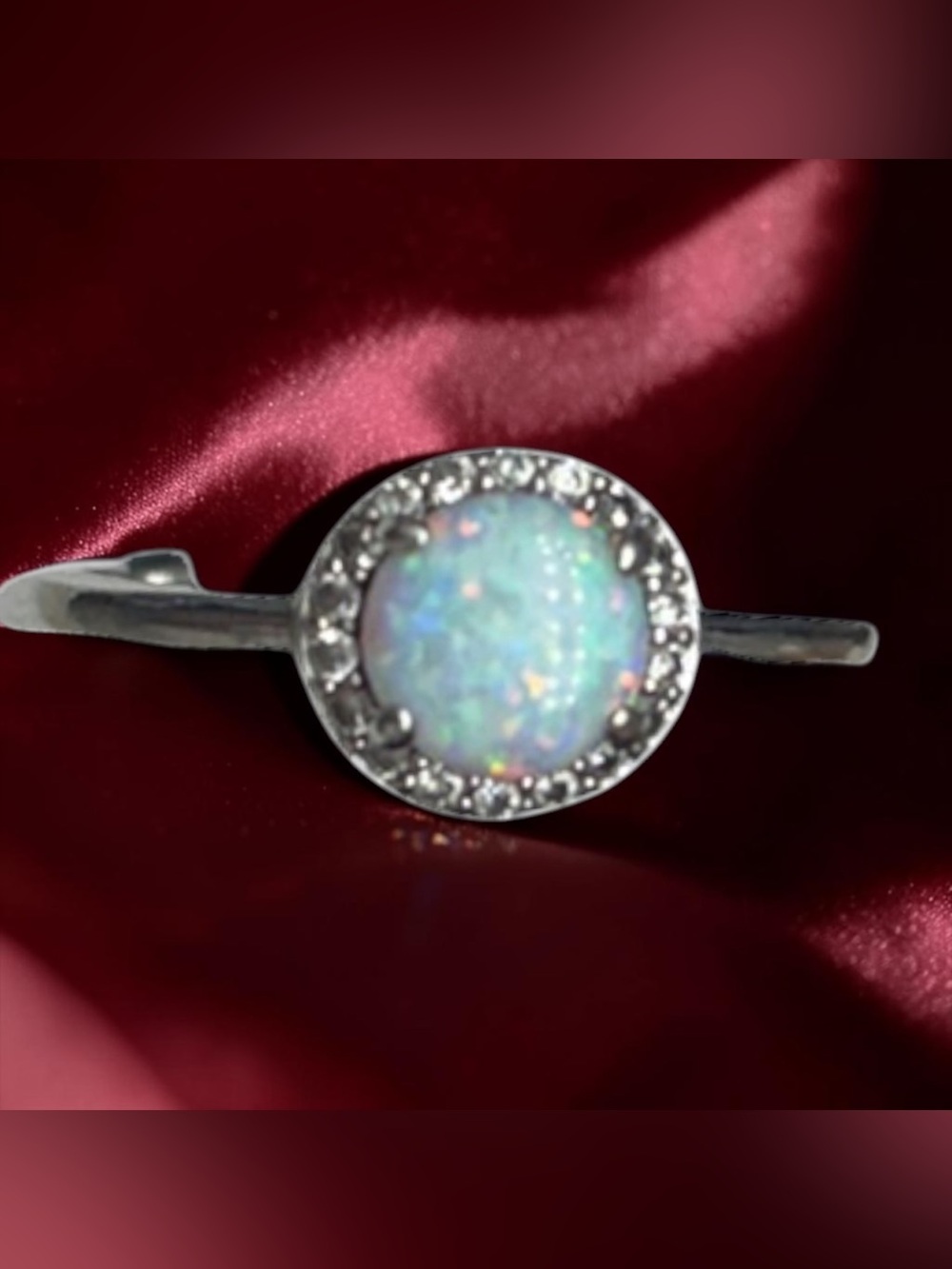 NEW! Pure .925 Sterling Silver Opal Moissanite Halo Ring Size 6